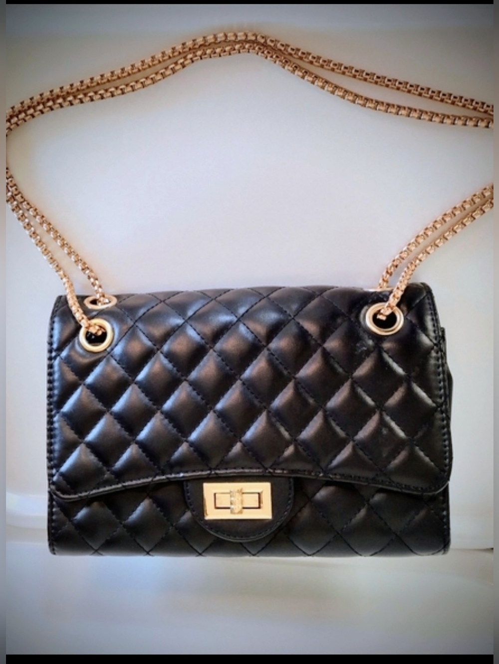 Black and Gold Soft Quilted Handbag Purse with Gold Accents
